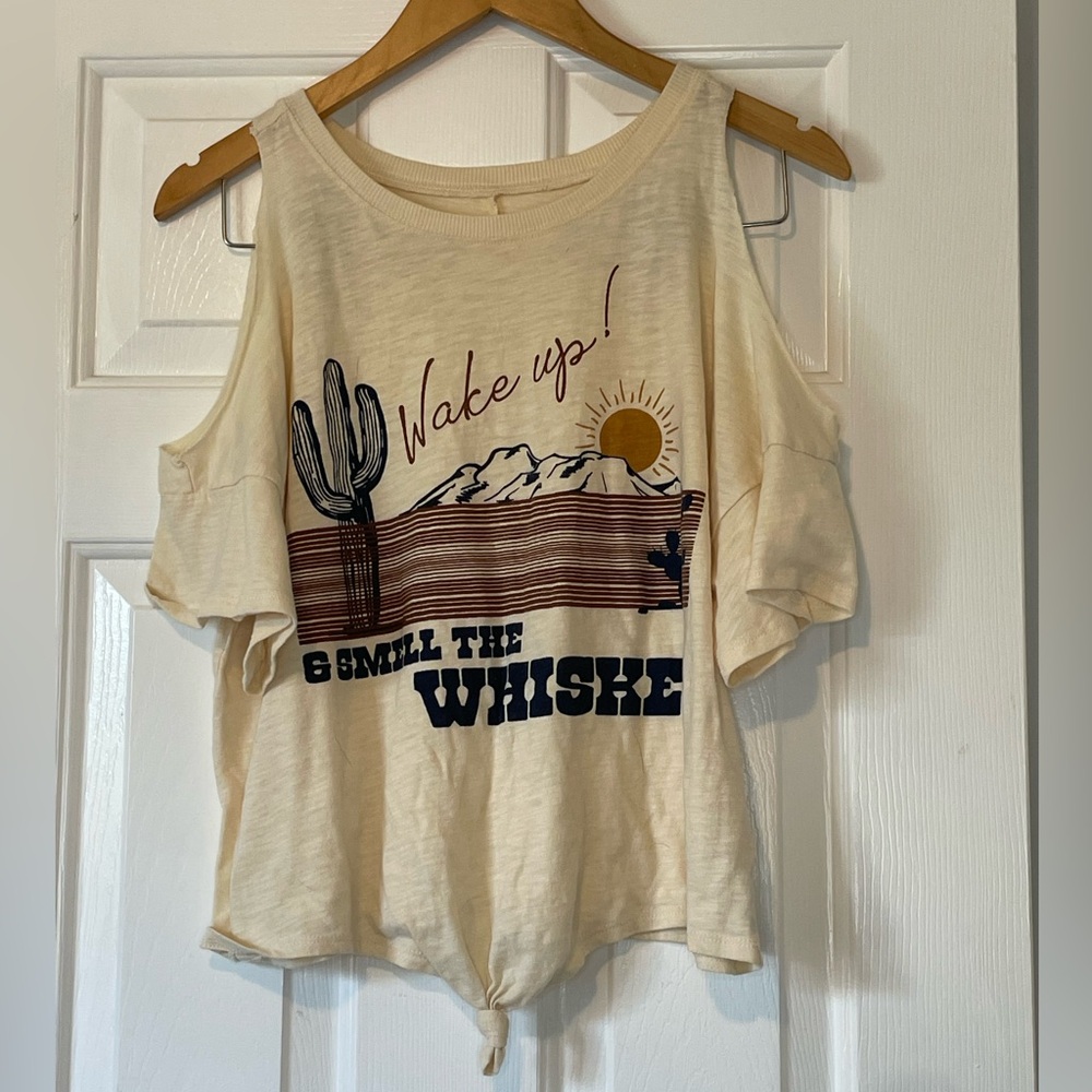 Wake Up and Smell the Whiskey" Desert Print Cold Shoulder Tee 0240